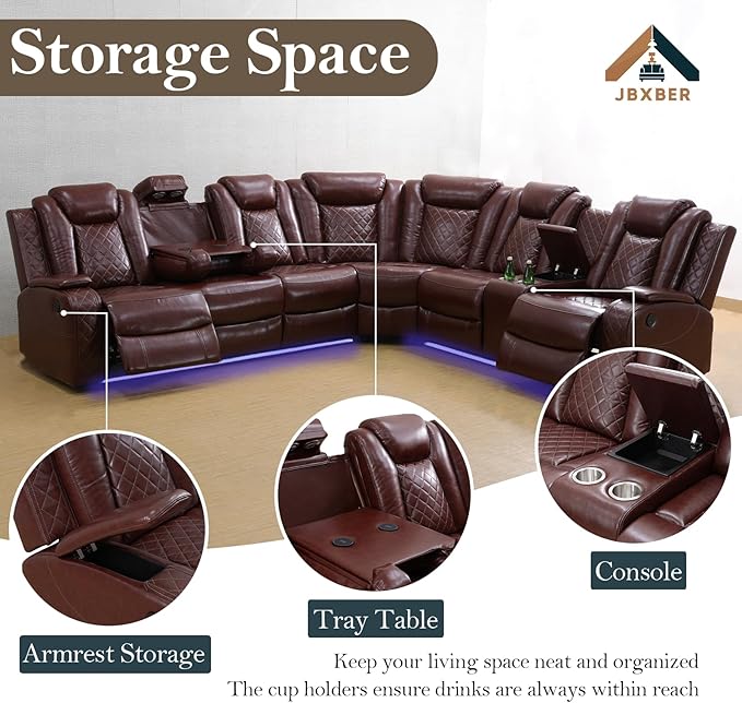 Power Recliner Sectional Sofa Set for Living Room, Leather Recliner Sofa Sets, L-Shaped Corner Sectional Couch Sets with LED Lights, Console Storage(Sectional and Chair,Red)