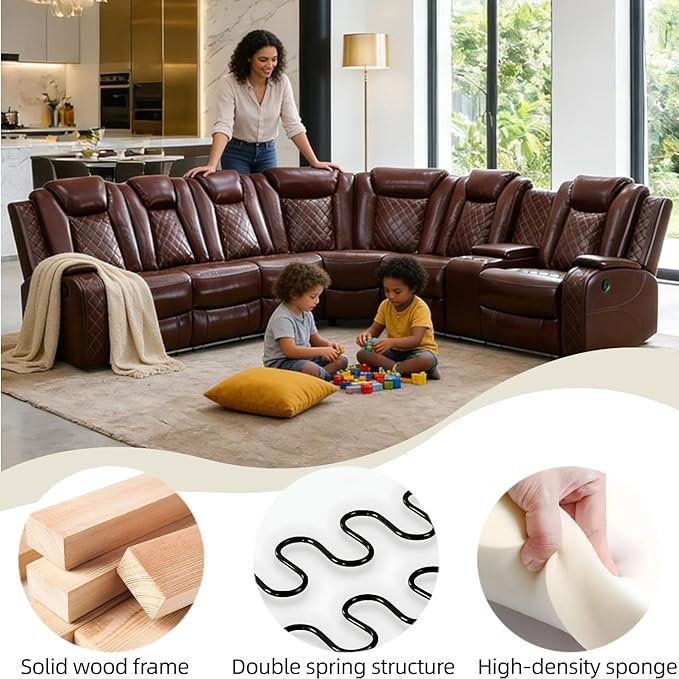 Power Reclining Sectional Sofa with LED, Leather Recliner Couch for Living Room/Home Theater, Sectional Reclining Couches with Wireless Charging/Hide-Away Storage