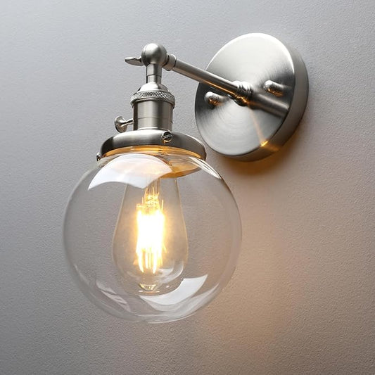 PERMO Vintage Industrial Wall Sconce Lighting Fixture with Mini 5.9" Round Clear Glass Globe Hand Blown Shade (Brushed)