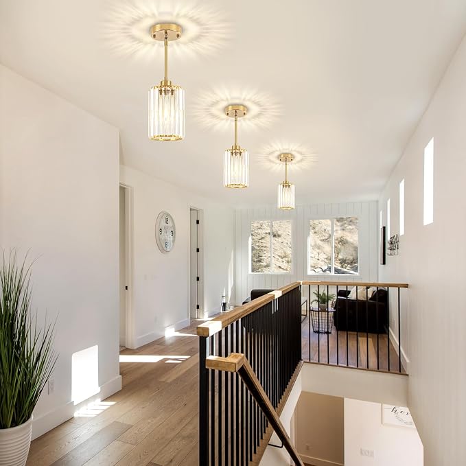 2 Pack Pendant Lights Kitchen Island, Modern Brushed Gold Pendant Light Fixtures, Kitchen Hanging Lights Mini Chandelier Crystal Pendant Lighting for Island Dining Room Hallway Bedroom