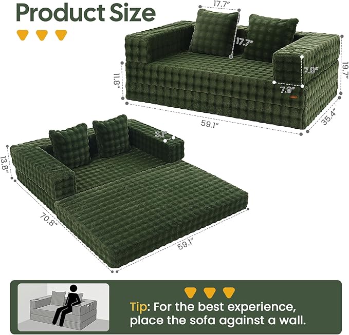 COMAX Futon Sofa Bed, 4‑in‑1 Convertible Sofa Bed, Folding Boneless Couches for Living Room, Fold Out Small Foldable Loveseat Floor Sleeper Comfy Mattress Lounge Space‑Saving, Classic Green