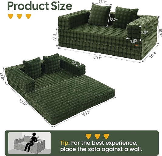 COMAX Futon Sofa Bed, 4‑in‑1 Convertible Sofa Bed, Folding Boneless Couches for Living Room, Fold Out Small Foldable Loveseat Floor Sleeper Comfy Mattress Lounge Space‑Saving, Classic Green