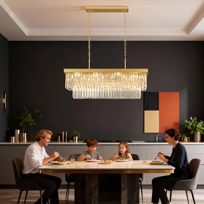 Crystal Chandeliers for Dining Room Light Fixtures Over Table，11-Lights Gold Modern Rectangle Chandeliers for Kitchen Island Bar L33.5 Inch