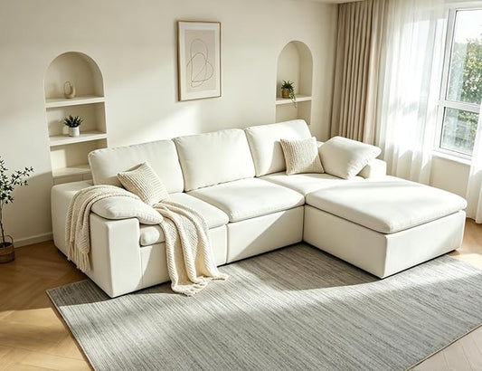 HonTop 110" L Shaped Modern Sofa Boneless Modular Sectional Cloud Couch with Ottoman, 4-Seat Chenille Deep Seat Sofa for Living Room, Bedroom and Apartment, No Assembly, Beige | No Assembly Required, 30" Deep Seat, Family Pet-Friendly, Flexible Modular...