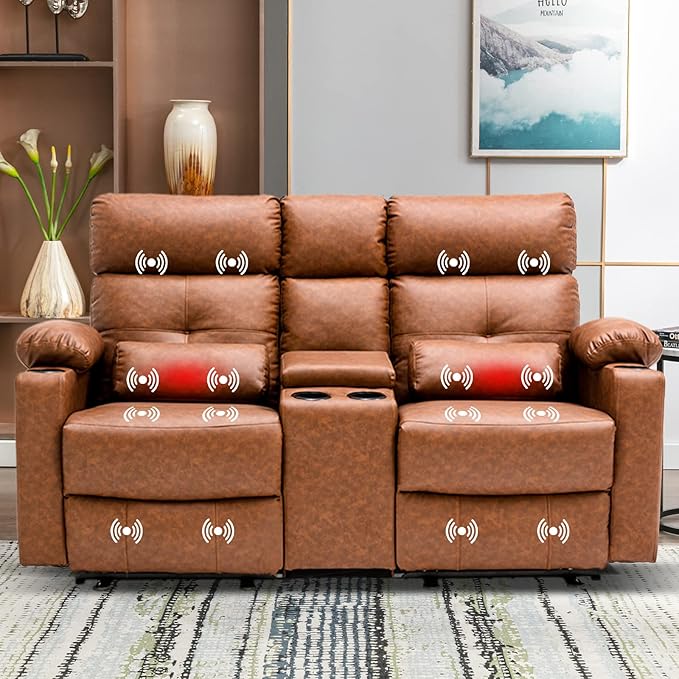 Power Reclining Loveseat with Console, Power Loveseat Recliner Sofa with Heat and Massage, Extending Footrest, RV Recliner Sofa with Lumbar Support, Side Pocket for Living Room