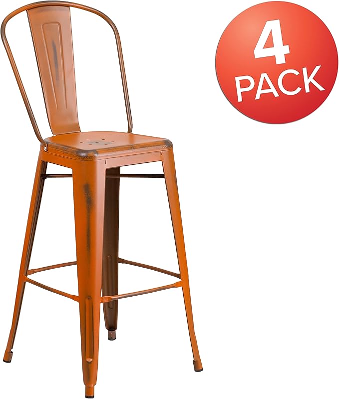 Flash Furniture Blake Commercial Grade 4 Pack 30" High Distressed Orange Metal Indoor-Outdoor Barstool with Back