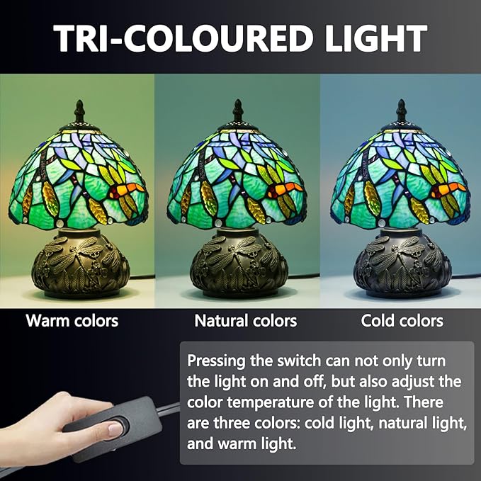 Small Tiffany Table Lamp,Stained Glass Lamp,8 Inch Mushroom Style Mini Vintage Desk Lights for Bedside, Bedroom,Nightstand,Living Room,3 Color Temperature (Wheat Ear Dragonfly)