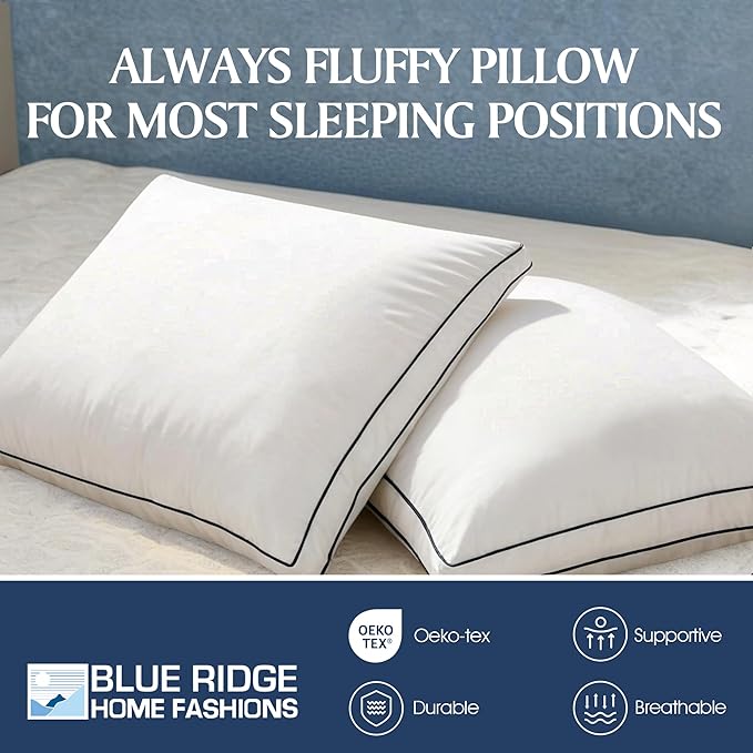 Blue Ridge Home Fashions Hotel Bed Pillows Queen Size Set of 2, 400 Thread Count 100% Cotton Cover, Medium Firm, Support Gusseted Down Alternative Pillow for Back, Stomach or Side Sleepers, 18" x 26"