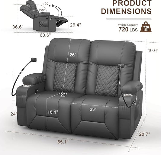 FURNIMAT Loveseat Recliner Sofa, 2 Seater Reclining Loveseat Sofa, PU Leather RV Loveseat Couch, Modern Recliner Chair for Living Room, with Cup Holder and 2 Cell Phone Holder, USB Ports, Gray