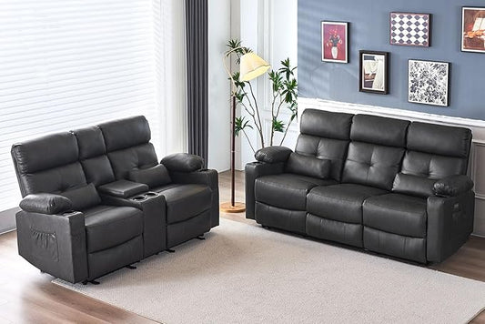 Power Recliner Sofa Set for Living Room, 2 Pieces Recliner Furniture Sofa Set, Power Reclining Sofa and Loveseat Set with Massage and Heat, Reclining Loveseat with Console for Living Room