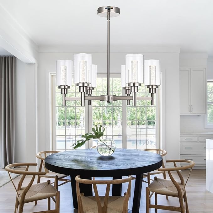VINLUZ 6 Ceiling Light Industrial Chandelier Brush Nickel Pendant Lighting Hanging Fixture with Cylinder Clear Glass for Kitchen Bedroom Dining Room