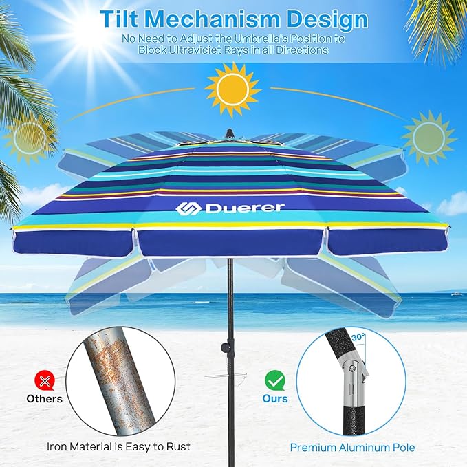 Duerer Beach Umbrellas, 8.5FT Beach Umbrella for Sand with Anchor Heavy Duty Windproof, Height Adjustable Tilt Iron Pole, Portable Beach Umbrella with Carrying Bag for Beach, Patio Garden Outdoor