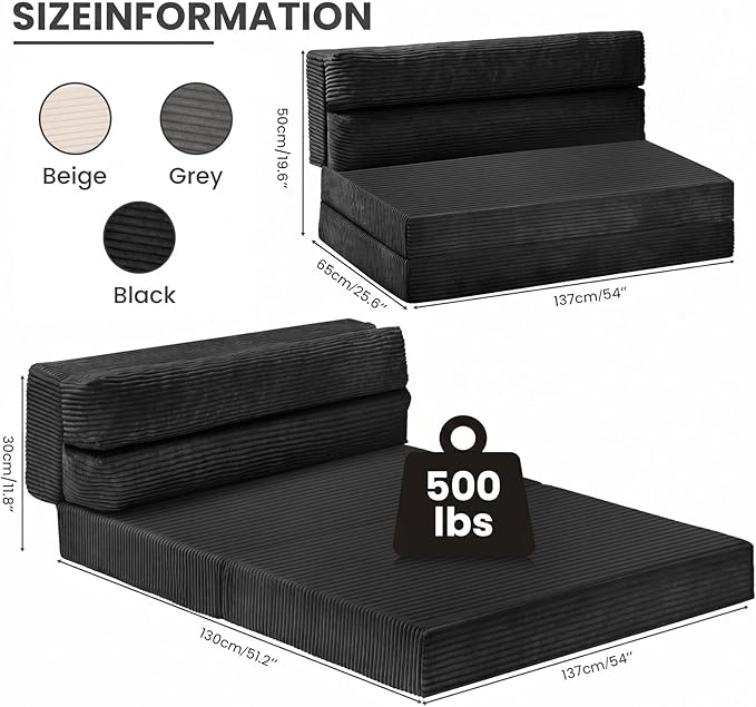 JUIKURY Folding Sofa Bed, Convertible Sleeper Chair with Pilow Foldable Matress, 2 in 1 Pull Out Loveseat Sofa Portable Fold Out Chair Bed Floor Couch Lounge for Living Room (Black, Full)