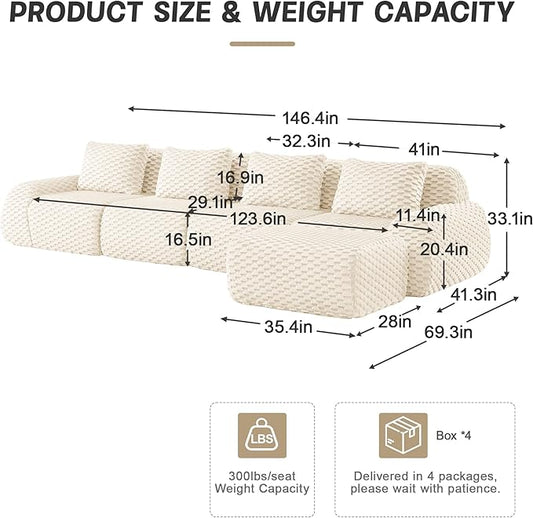 KEIKI 146" Oversized 4-Seater Boneless Couches for Living Room, Ultra Soft Modular Sectional Velvet Sofa L-Shaped, Deep Seat Cloud Comfort Lounge Couch No Assembly, Modern Comfort Design, Cream