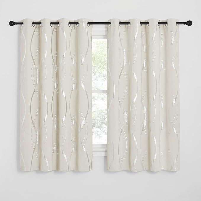 NICETOWN Bedroom Blackout Curtains Panels - Window Treatment Thermal Insulated Solid Grommet Blackout Wave Line Foil Print Design Curtains for Living Room (Set of 2, 52 by 63 Inch, Beige)
