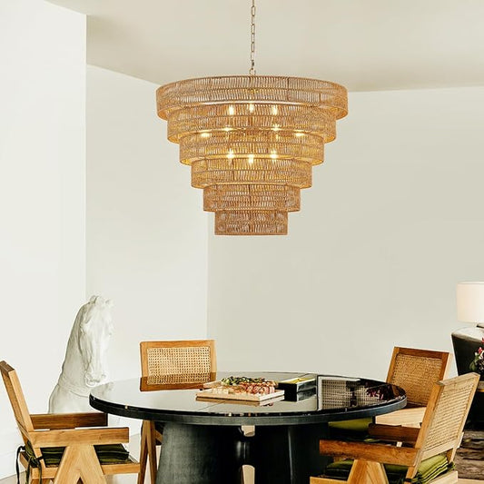 31.5” Large Boho Rattan Chandelier Light Fixture, 12-Light Golden Hand Woven Chandeliers 6-Tier Vintage Farmhouse Wicker Gold Chandelier for Dining Room, Kitchen, Bedroom, Living Room, Foyer