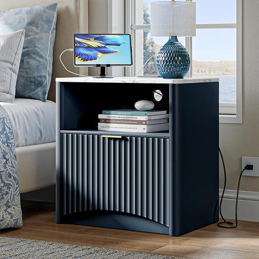 Evermagin Fluted Nightstand with Charging Station, Navy Blue Bedside Table with Drawer and Storage, Wood End Table Mid Century Modern, Large Night Stand for Bedroom