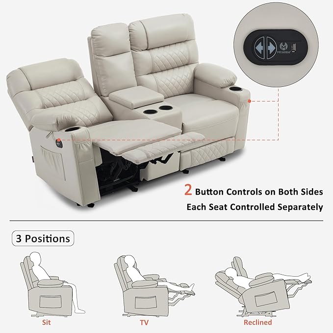 MCombo Zero Gravity Power Loveseat Recliner with Console, Heat and Vibration Massage, Reclining Loveseat Sofa with USB Ports, Cup Holders for Living Room, Faux Leather PR622Sets (Light Grey)