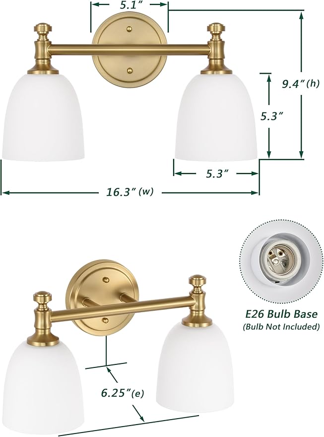 Gold Bathroom Vanity Light Fixtures, 2-Light Bathroom Vanity Light Fixtures Over Mirror, Traditional Vanity Lights for Living Room, Milk White Glass Shades, Standard E26 Base, Aged Brass