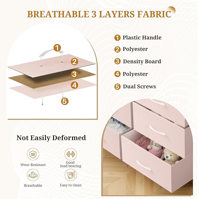 Dresser with 9 Drawers for Bedroom, Fabric Clothes Cabinet for Closet, Anti-Tip Storage Dresser with Metal Frame for Living Room, Entryway, Dorm, Pink