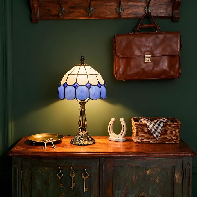 Table Lamp Tiffany-Style 8 Inch Mediterranean Series Stained Glass Lampshades Small Bedside Lamp Reading Antique Desk Light Livingroom Bedroom Office Vintage Art De(Color:Blue)