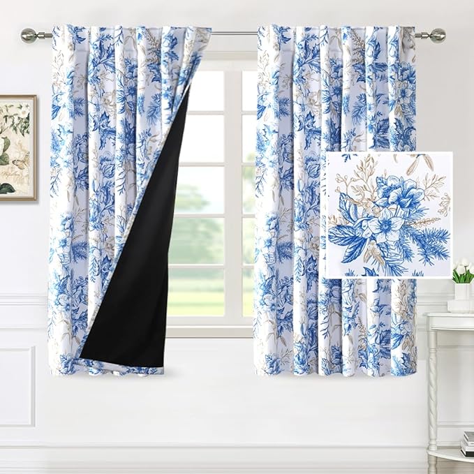 H.VERSAILTEX 100% Blackout Curtains 63 inch Length Vintage Floral Printed Drapes Thermal Curtains for Bedroom with Black Liner Back Tab/Rod Pocket Curtains for Living Room, 2 Panels, Blue and Wheat