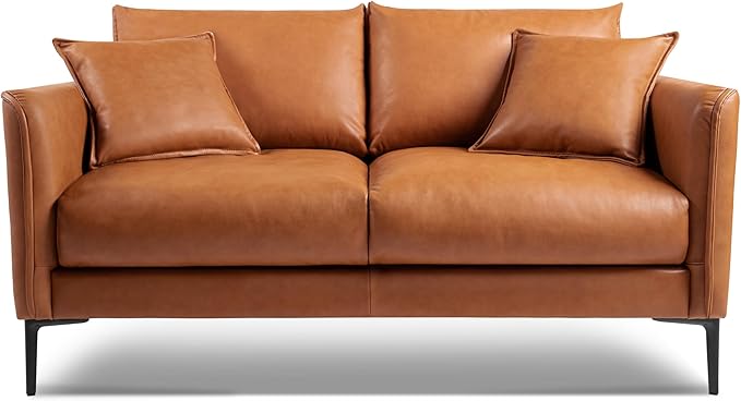 Valencia Jasper Cognac Tan Brown 60" Loveseat Full Leather Couch | Mid Century Leather Sofa with 2 Pillows for Living Room Furniture | Plush Cushions, Nappa Leather Lounge Couch