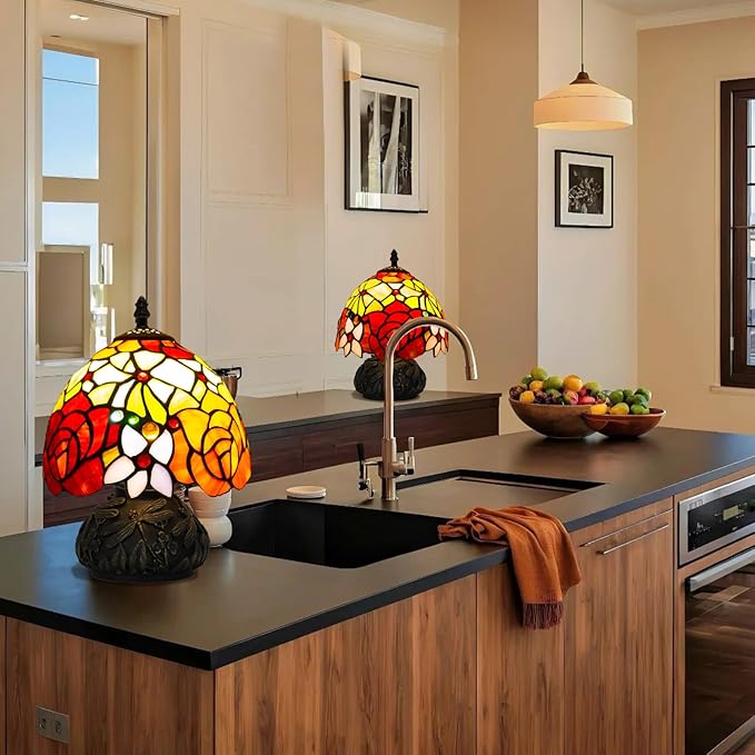 JHuiLap Small Tiffany Stained Glass Lamp, 3 Color Temperatures Bedside Lamp, 8 Inch Mushroom Desk Light for Bedroom Living Room Office Home Decor (Two-Color Rose)