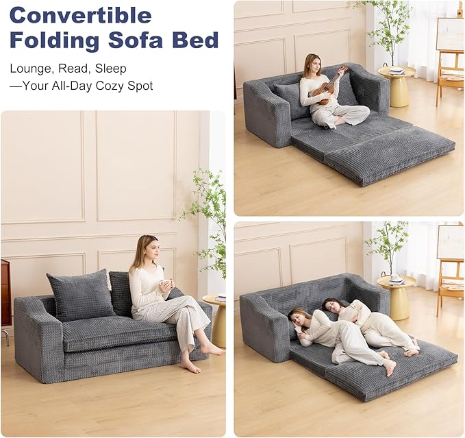 61" Convertible Sofa Bed Loveseat, Memory Foam Boneless Floor Couch with Removable Corduroy Cover, Tri-folding Compact Full-size Sleeper for Small Living Room, Playroom, Guest Room, RV (Dark Gray) | Convertible Sofa Bed, Premium Memory Foam, Ergonomic ...