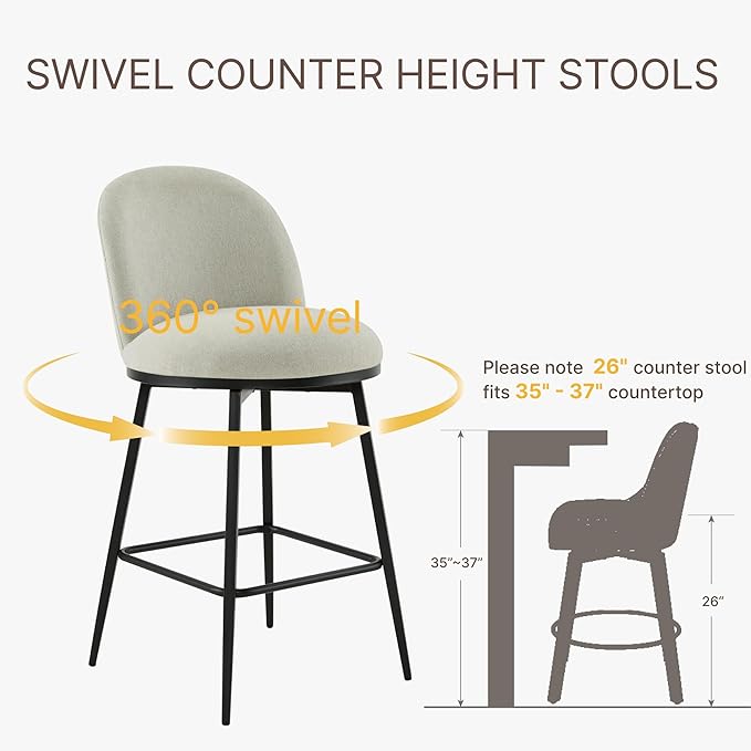 Swivel Bar Stools Set of 4, 26" H Upholstered Linen Fabric Barstools with Backs,Counter Height Stools with Metal Legs for Kitchen Island,Grey,2 Box