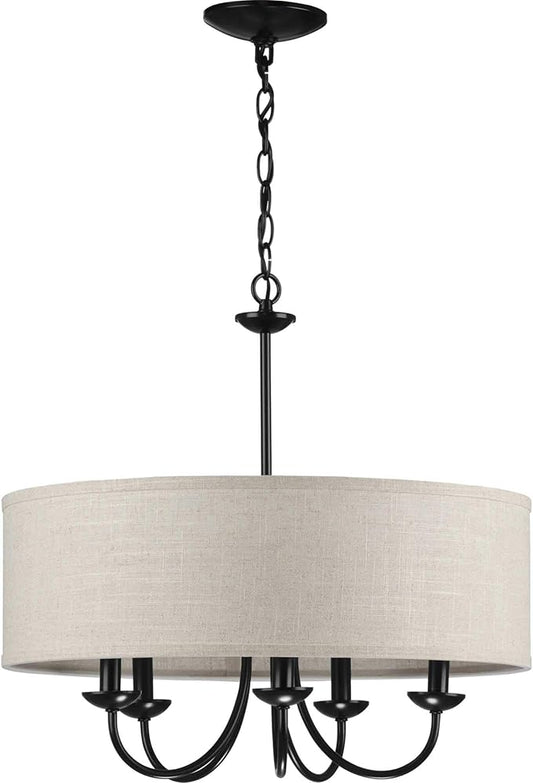 Progress Lighting Drum Shade Collection Five-Light Chandelier, Farmhouse Style Hanging Ceiling Light Fixture for Dining Rooms, Foyers, Harvest Linen Shade, Matte Black