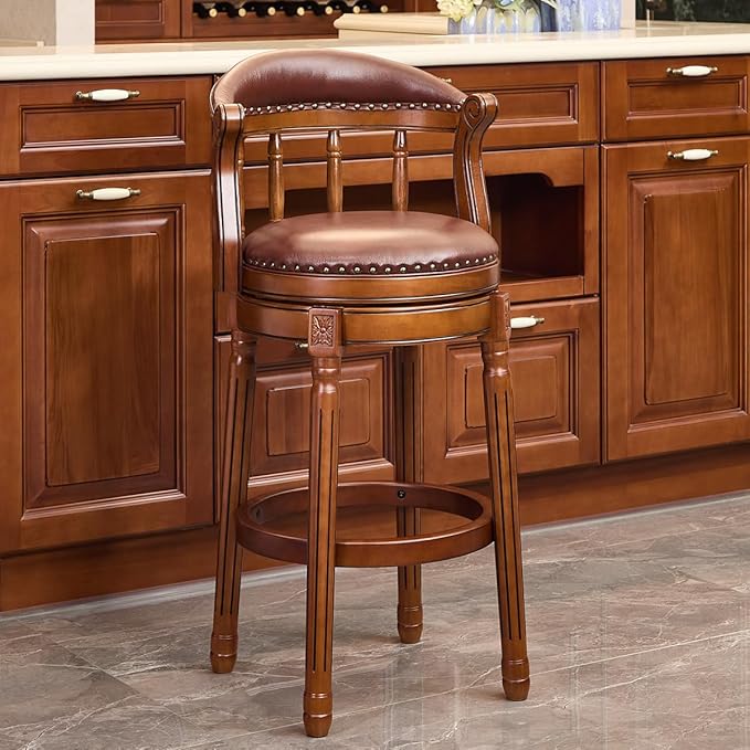 Cow top Leather Wooden Bar Stools, 29.5" Height Bar Chair with Back, 180 Degrees Swivel Bar Stools Chair for Home Kitchen Counter,Restaurant (Brown-2pcs, Bar Seat Height 29.5in)