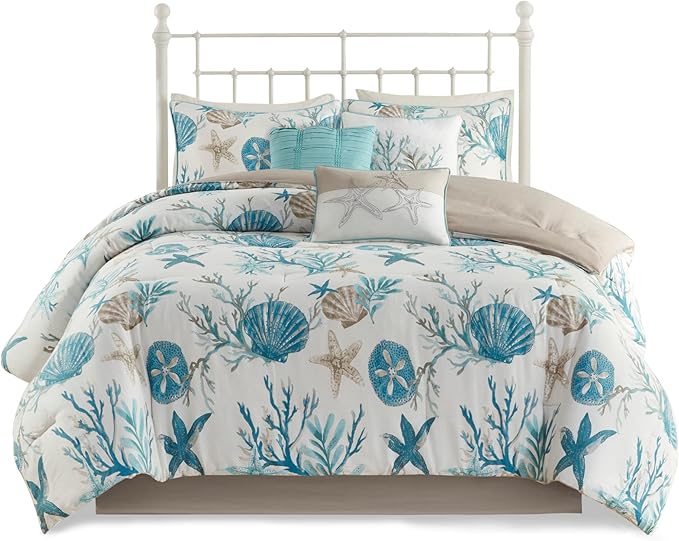 Madison Park Pebble Beach 100% Cotton Comforter Set - Coastal Coral, Starfish Design All Season Down Alternative Cozy Bedding with Matching Shams, Decorative Pillow, Queen(90"x90") Aqua 7 Piece