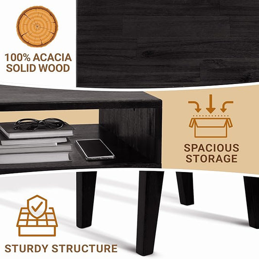 Acacia Serena Nightstand Solid Wood Nightstand with Open Storage Shelf, Wood Bedside Table, Night Stands for Bedroom - Black