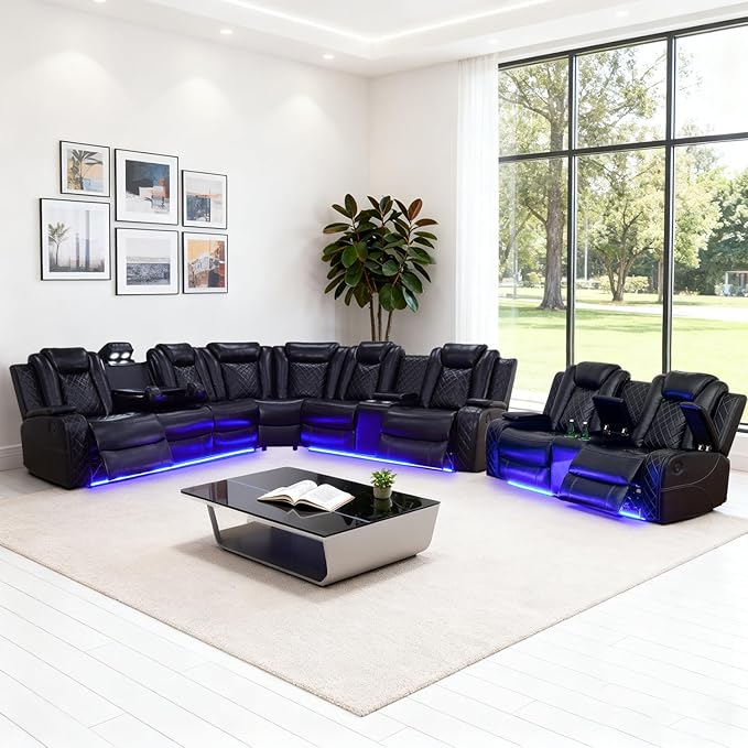 Leather Power Recliner Sectional Sofa Set with LED Light,L Shape Leather Couch Set with Recline Loveseat,Modular Corner Sofa with USB Port for Living Room Furniture(Black, Sectional+Loveseat)