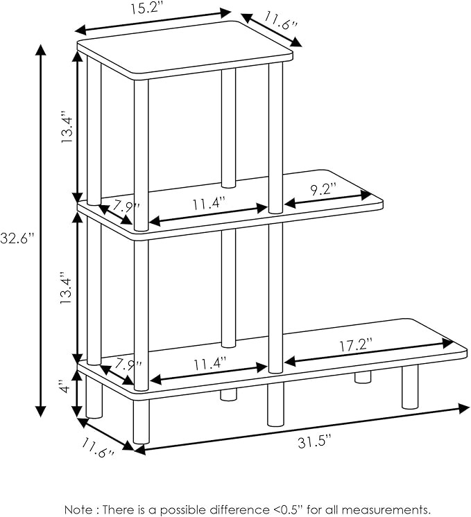 Furinno Turn-N-Tube 3-Tier Sofa Side Table Tall, French Oak Grey/Black