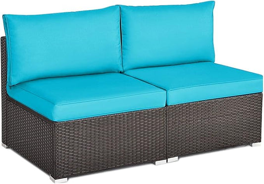 Tangkula 2 PCS Outdoor Wicker Armless Sofa, Patio Rattan Sectional Sofa Set w/2 Thick Seat Cushions and 2 Back Cushions, Additional Seats for Balcony Garden Patio Poolside (Turquoise)