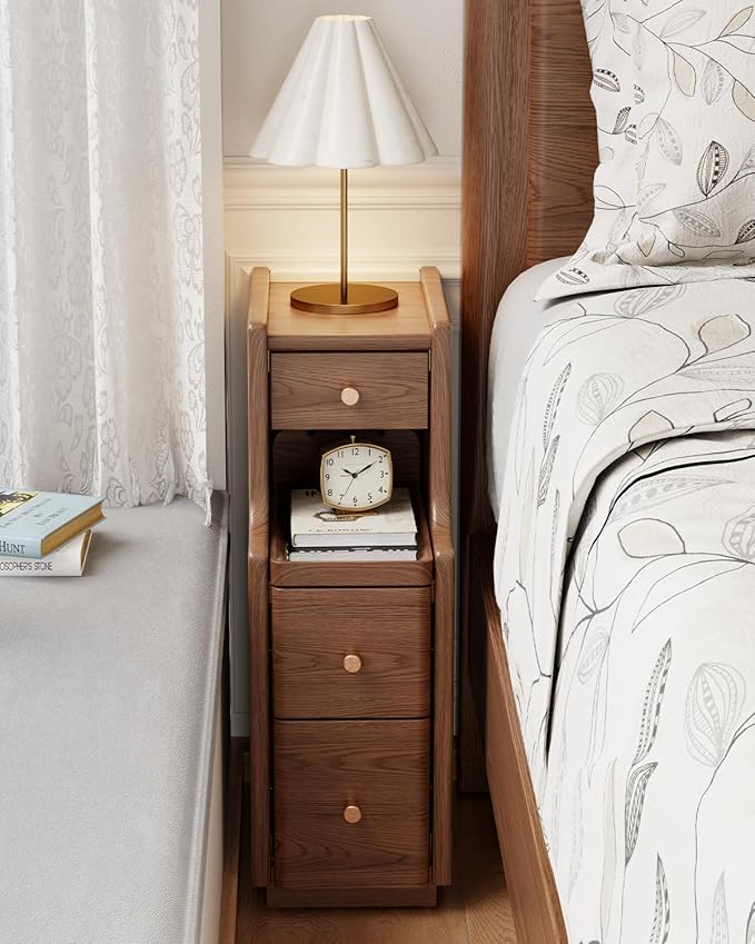 Narrow Nightstand with 3 Drawers,Solid Wood Narrow Bedside Table Walnut, Modern Skinny Nightstand for Bedroom(Fully Assembly)