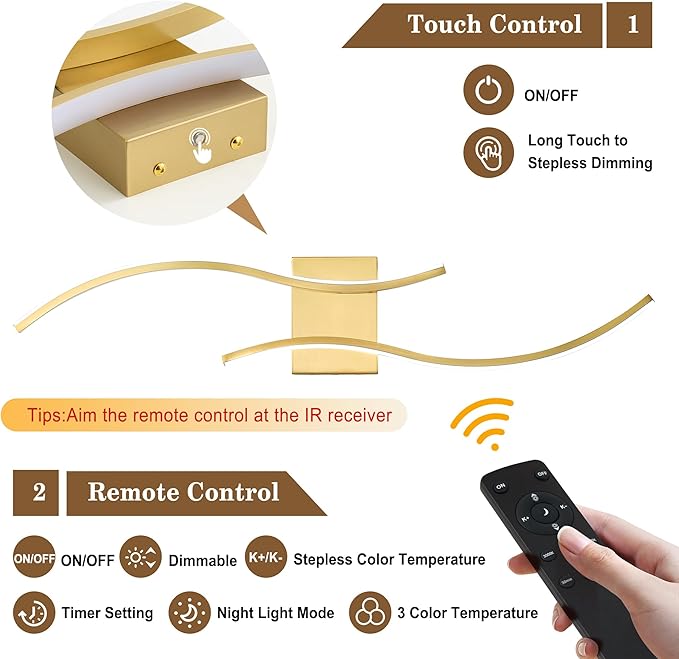 Battery Operated Wall Sconces Set of Two with Remote Control, Battery Wall Light, Stepless Colors 3000K-6000K & Dimming, Brass Rechargeable Wall Sconces for Living Room, Hallway, Bedroom, 31.5 Inch