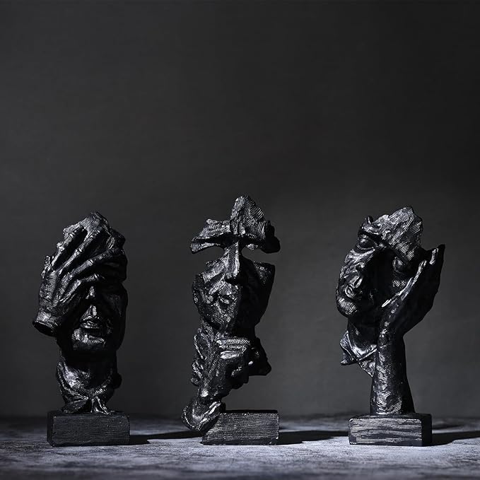 3 Pcs Thinker Statue, Silence is Black Abstract Art Figurine, Modern Home Resin Decorative Objects Decor for Home Office Bookshelf Desktop,No Hear No See No Speak Knick Knacks