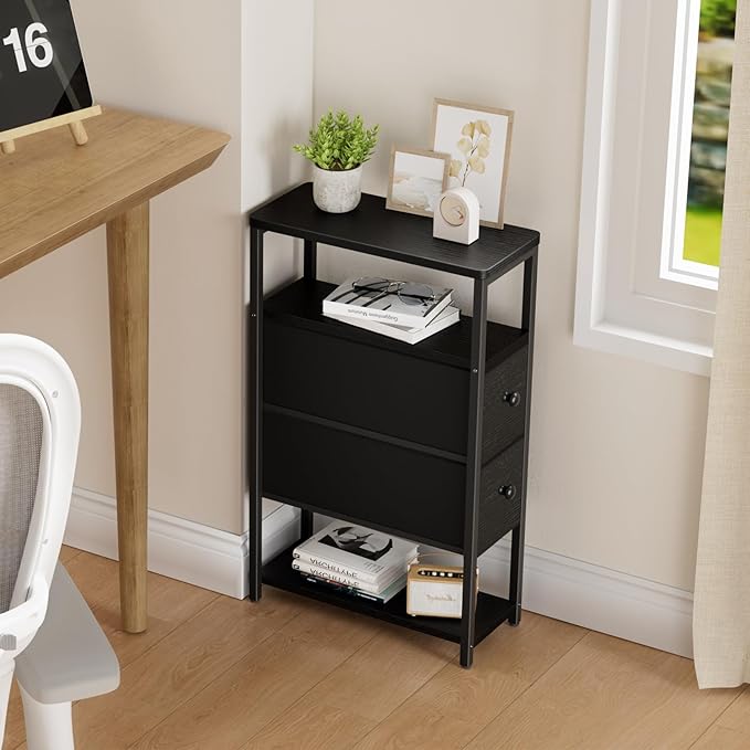 Narrow Nightstand Side Table - Skinny Night Stand for Small Space Bedroom Slim Bedsides Tables with 2 Drawers, Black
