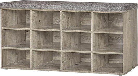 DINZI LVJ Shoe Bench, 12 Cubbies Shoe Organizer for Entryway, Storage Bench with Cushion, Cubby Shoe Rack with Adjustable Shelves for Living Room, Bedroom, Mudroom, Hallway, Gray Wash