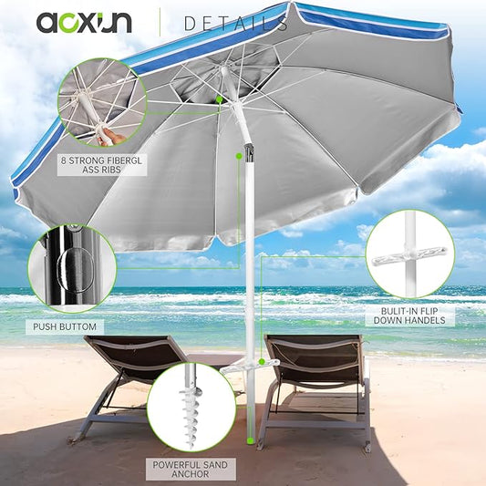 Aoxun 6.5ft Beach Umbrella with Tilt Pole, Portable Sand Anchor and Carry Bag, UPF 50+ Sun Shelter Air Vents Design for Outdoor Activities (Navy Blue & White)