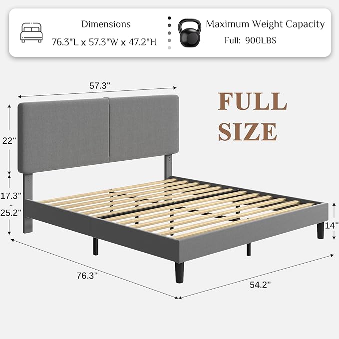 VECELO Full Size Bed Frame with Charging Station, Type-C & USB Ports, Upholstered Platform Design, No Box Spring Needed, Noise Free, Easy Assembly, Dark Grey