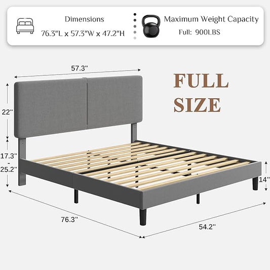 VECELO Full Bed Frame with Type-C & USB Ports, Upholstered Platform Height-Adjustable Cotton and Linen Headboard, No Box Spring Needed, Noise-Free, Easy Assembly, Dark Grey