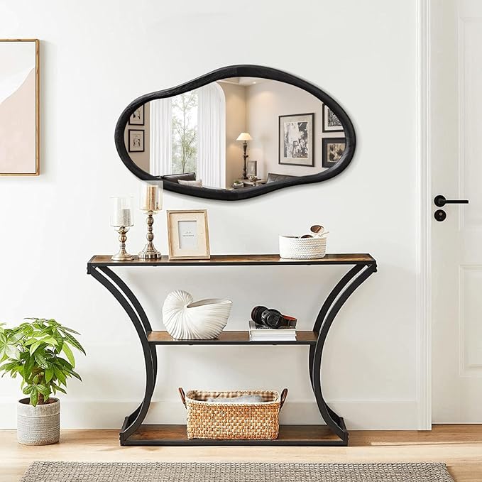 JJUUYOU Irregular Wall Mirror Black Asymmetrical Wooden Mirror 30"x18" Large Home Decorative Wall Mounted Vanity Mirrors for Bathroom Dressing Room Living Room