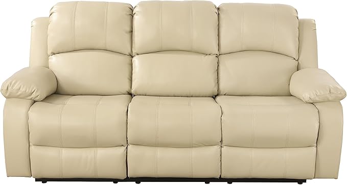 Manual Reclining Sofa Modern Recliner Sofa Couch 3 Seater Leather Reclining Sofa Living Room Furniture Couch with Cup Holders & Flip-Down Table for Home/Office/Rv Car (Beige, 3 Seater Sofa)