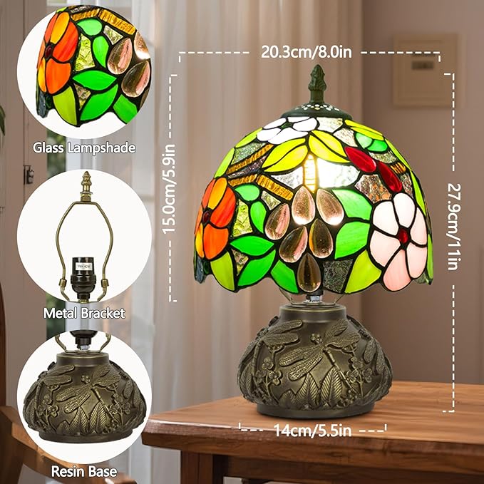 Small Tiffany Table Lamp,Stained Glass Lamp,8 Inch Mushroom Style Mini Vintage Desk Lights for Bedside, Bedroom,Nightstand,Living Room,3 Color Temperature (Grape)
