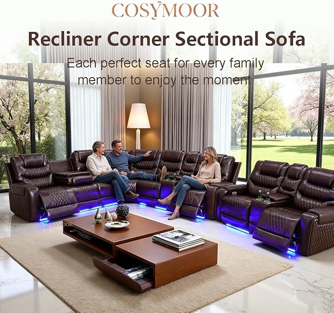 Leather Power Recliner Sectional Sofa Set with LED, Breathing Leather Reclining Corner Couch & Loveseat, L-Shaped Recliner Sofa Power Loveseat with Cup Holders/Storage for Living Room