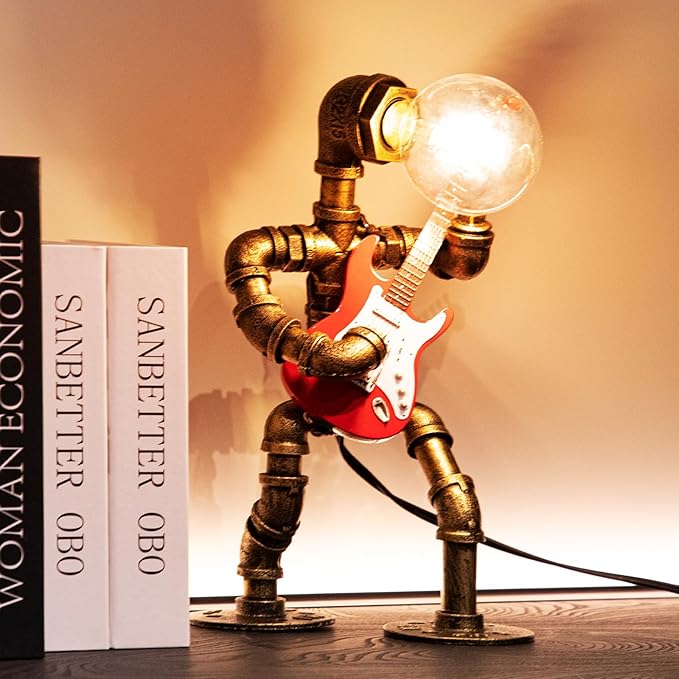 Music Guitar Table Lamp Art Decor ，Steampunk Table Lamp,Retro Guitars Steampunk lamp,Cool Industrial Metal Tube Robot Lamp Guitar Stuff Present for Men Music Lovers